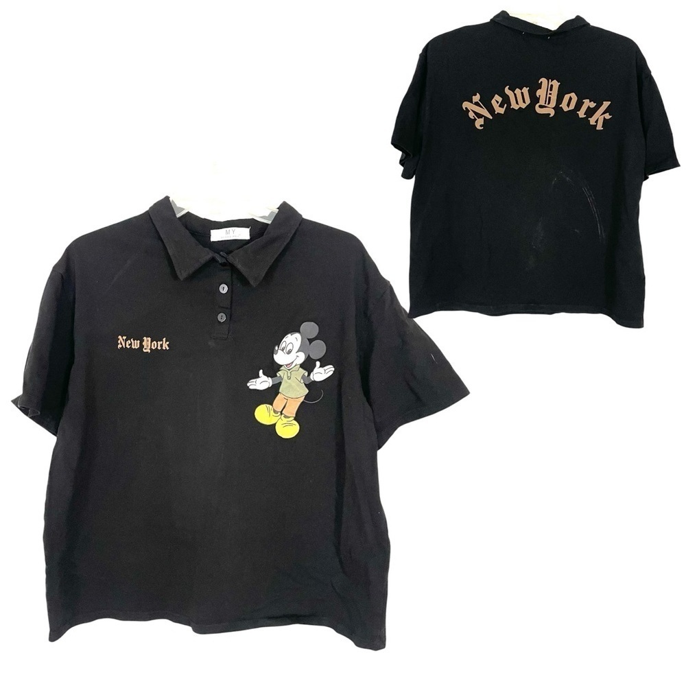 Disney Mickey Mouse New York Black Polo Shirt Short Sleeve SEE MEASUREMENTS